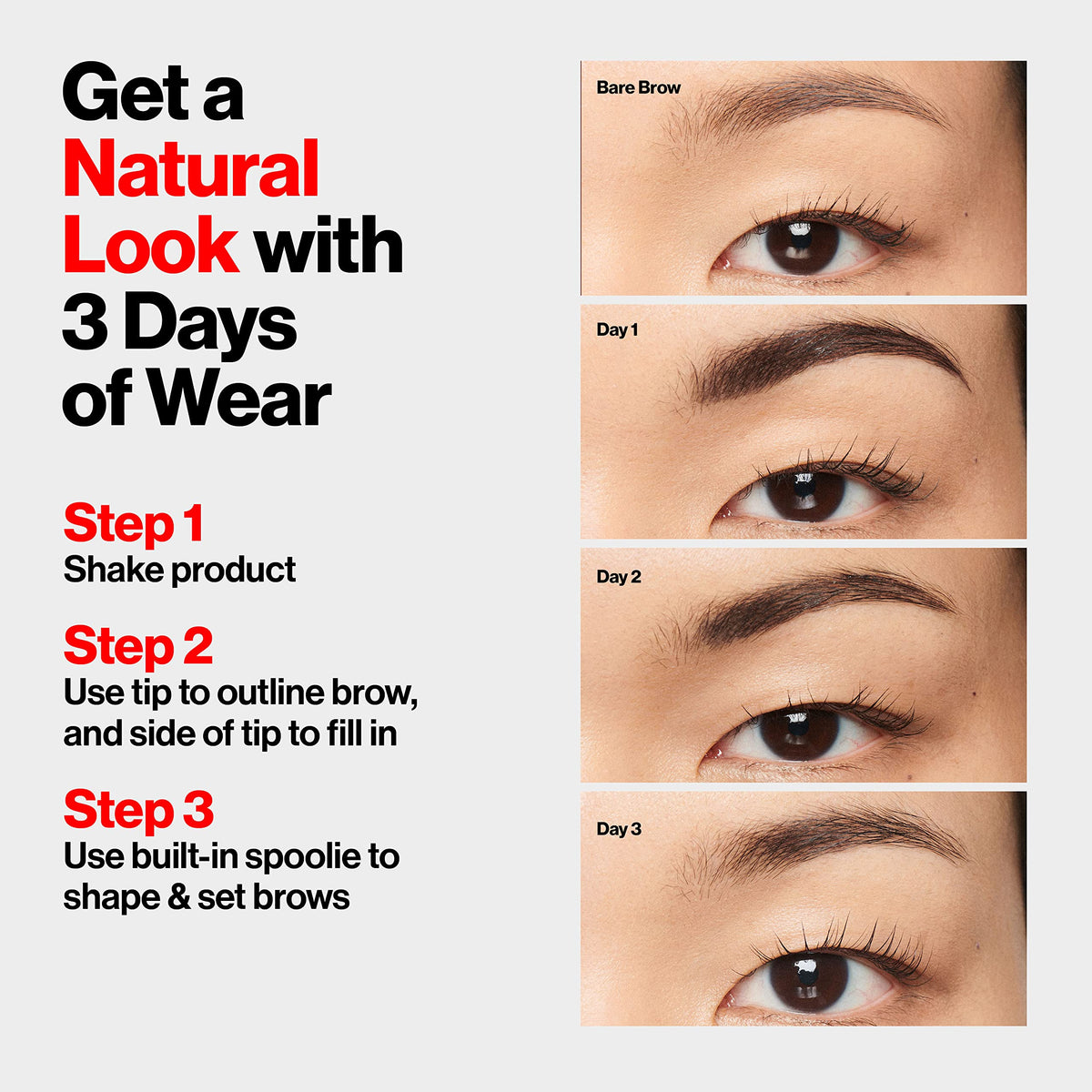 Revlon ColorStay brows before and after demonstrating fuller, natural-looking benefit