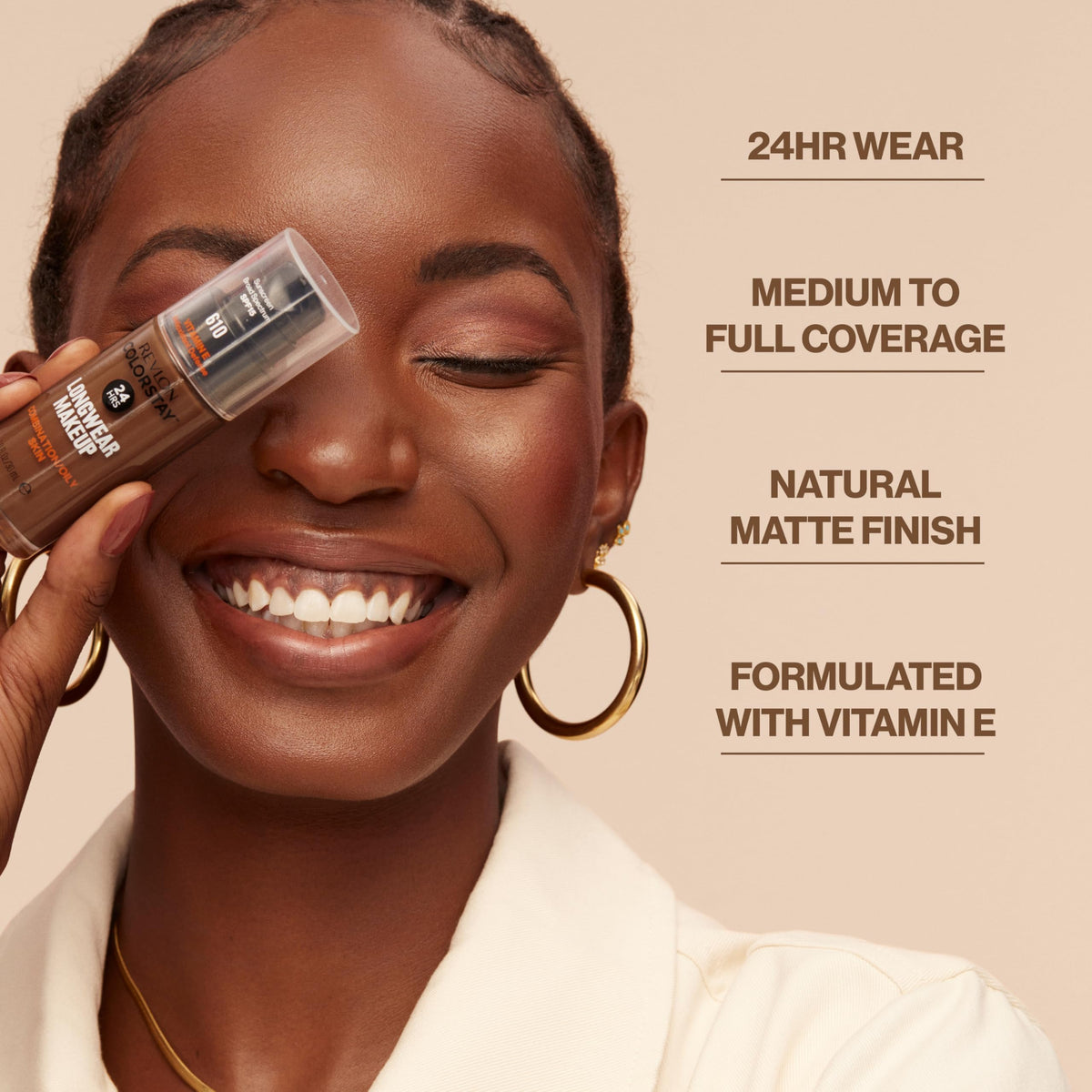 Revlon ColorStay swatch close-up showing matte finish and pore control