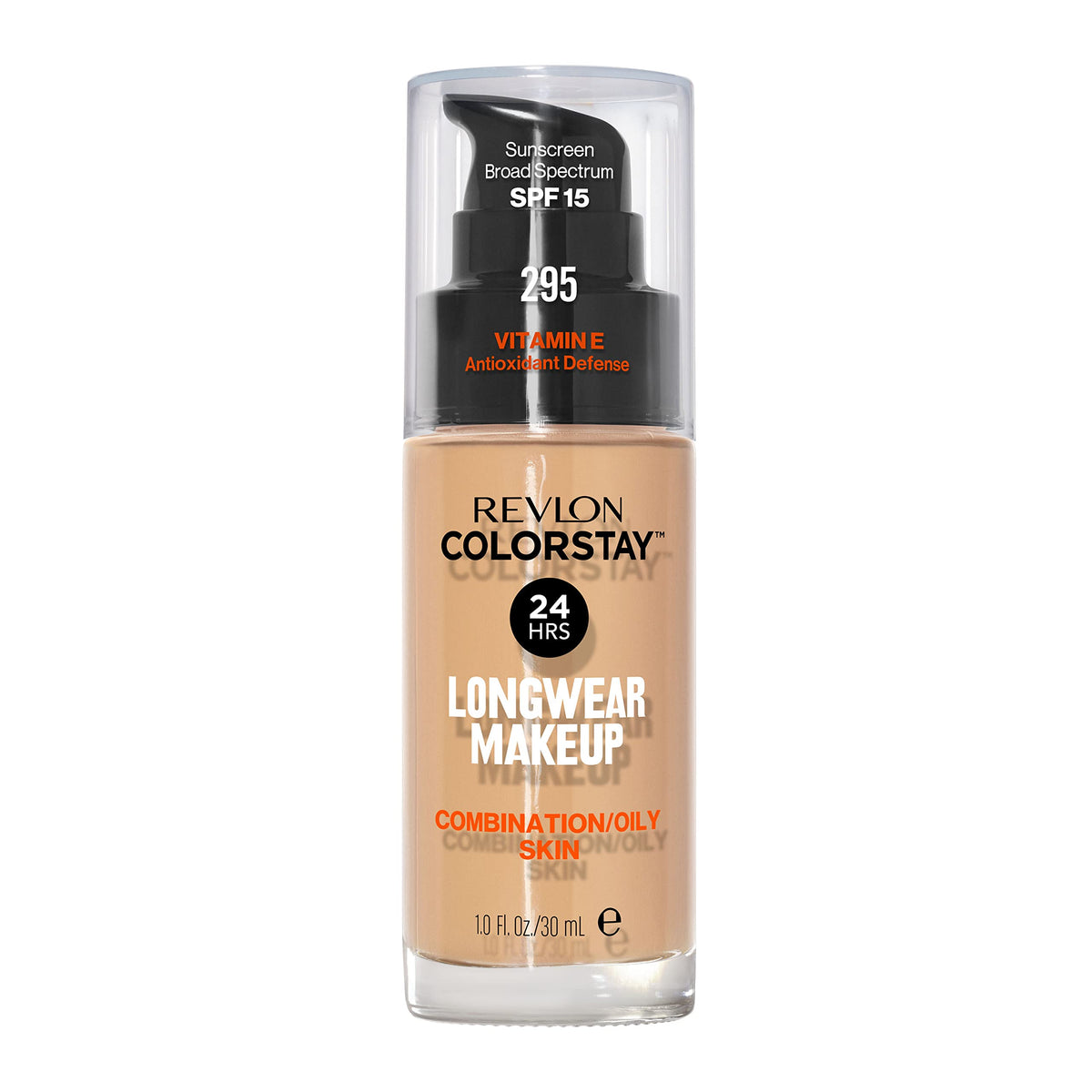 Revlon ColorStay bottle front view showing shade 295 Dune and label providing long-wear benefit
