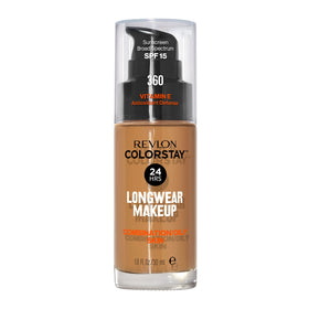 Revlon ColorStay bottle front displaying 360 Golden Caramel and SPF 15 for reliable wear