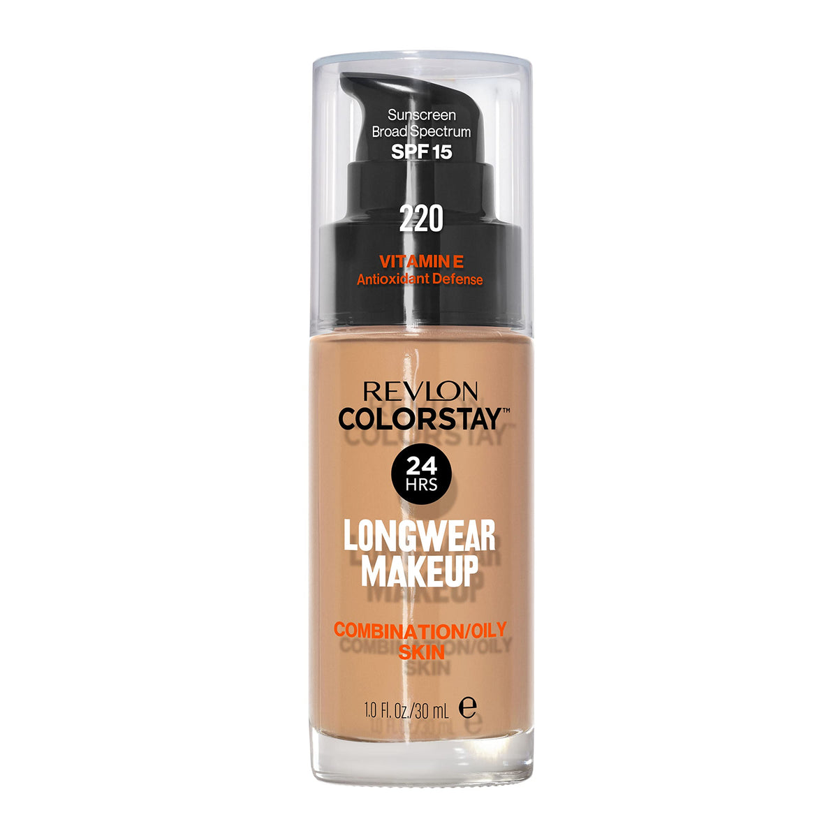 Revlon bottle front showing ColorStay foundation and shade 220 Natural Beige benefits
