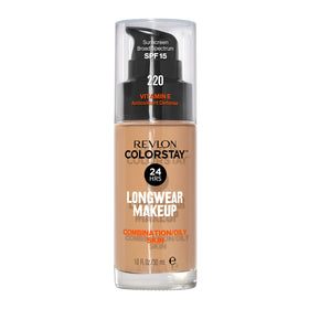 Revlon bottle front showing ColorStay foundation and shade 220 Natural Beige benefits