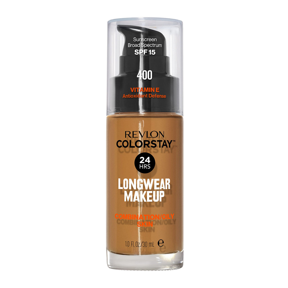 Revlon front bottle showing label and shade 400 Caramel, easy identification benefit