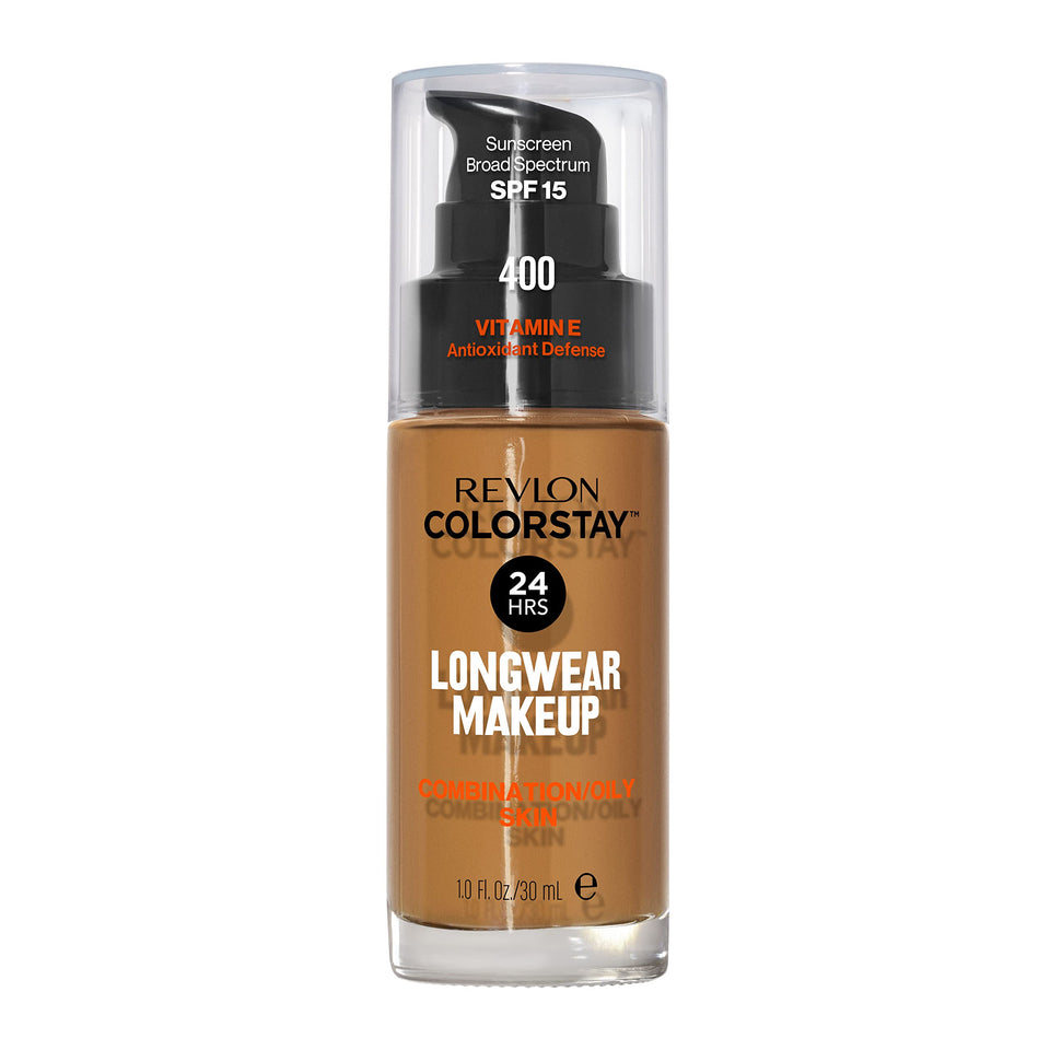 Revlon front bottle showing label and shade 400 Caramel, easy identification benefit