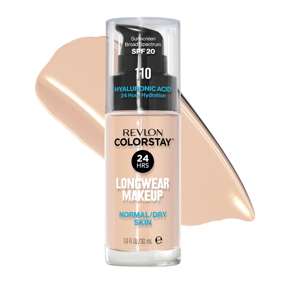 Revlon ColorStay front packaging showing shade 110 Ivory and benefit: longwear finish