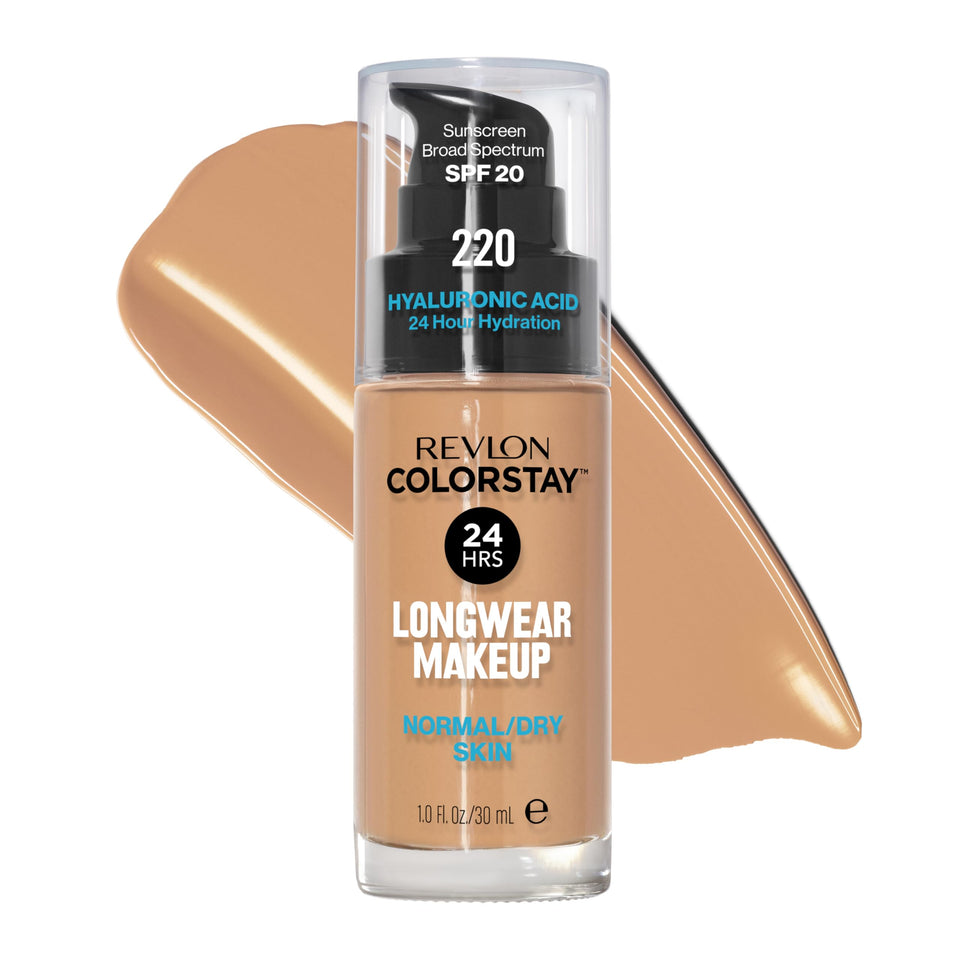 Revlon ColorStay front packaging in 220 Natural Beige showing full bottle and shade benefit