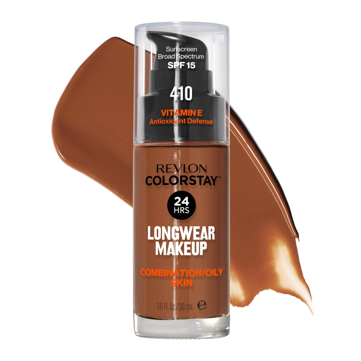 Revlon ColorStay front packaging in Cappuccino showing full product benefit