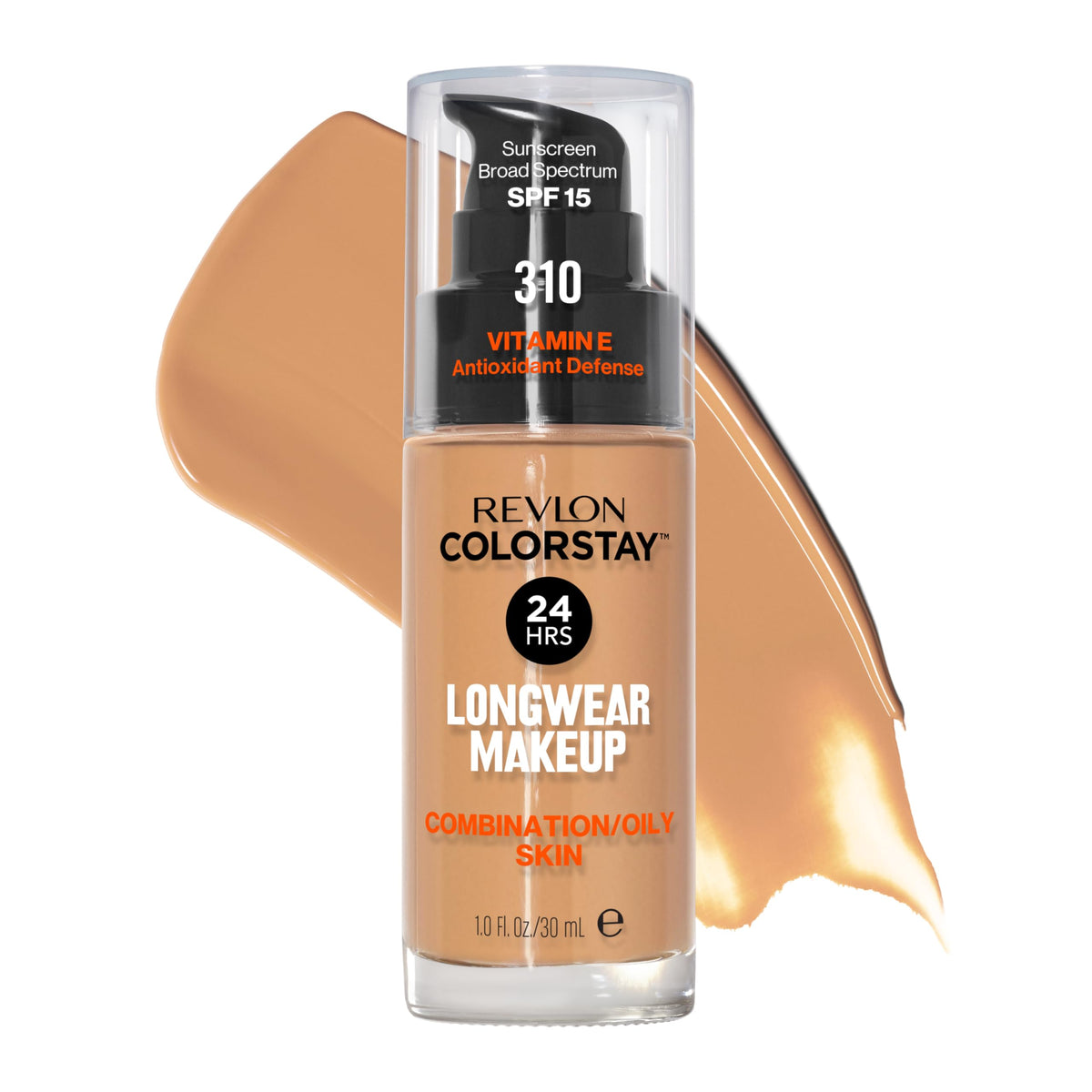 Revlon bottle front packaging showing label and shade 310 Warm Golden benefits long wear