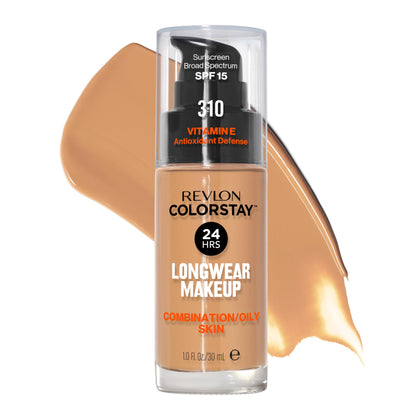 Revlon bottle front packaging showing label and shade 310 Warm Golden benefits long wear