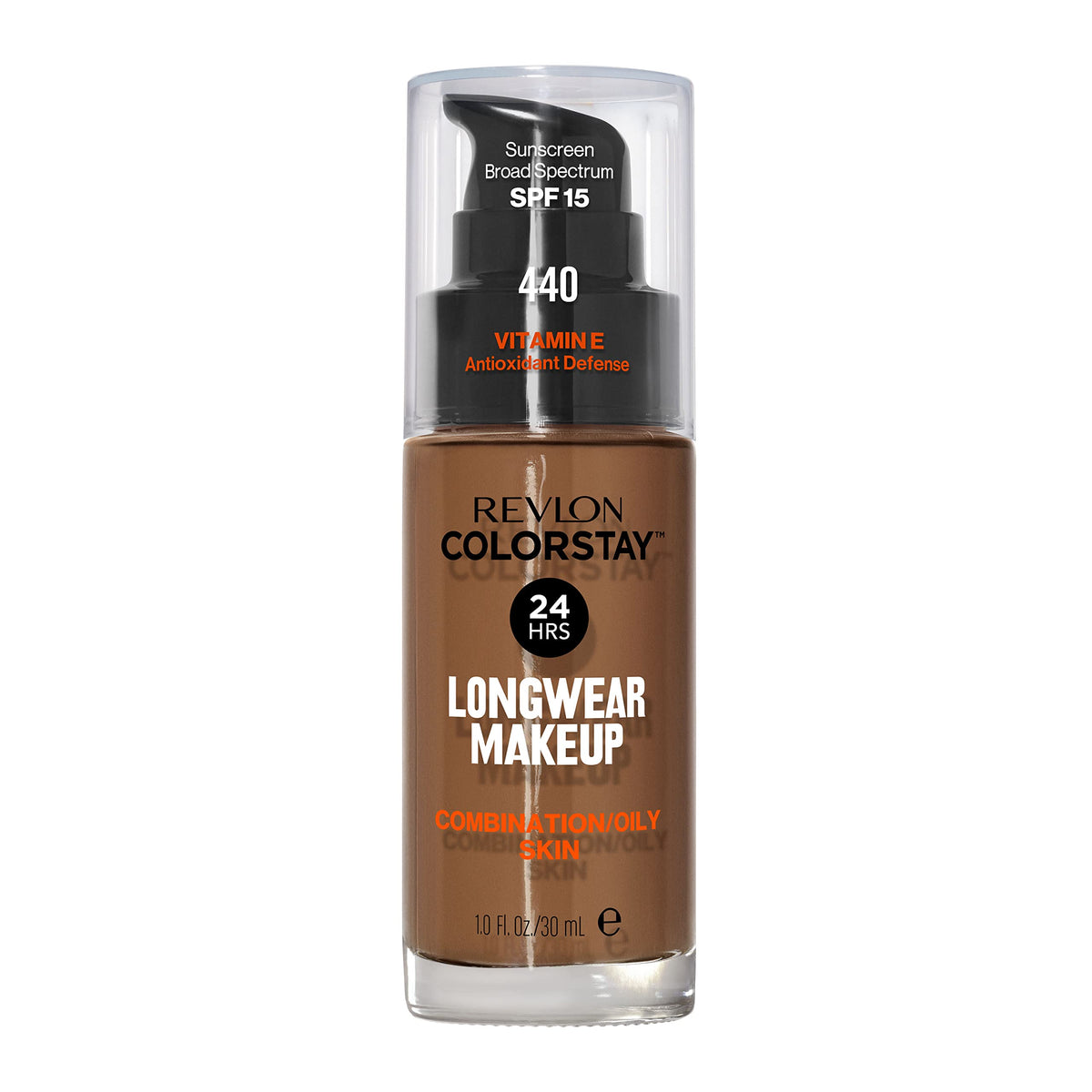 Revlon bottle front packaging showing label and shade 440 Mahogany for reliable coverage