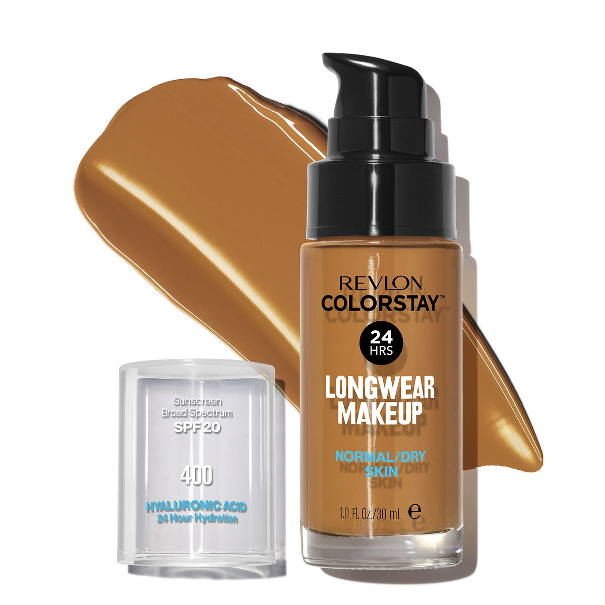 Revlon ColorStay front packaging shows shade 400 Caramel and benefits