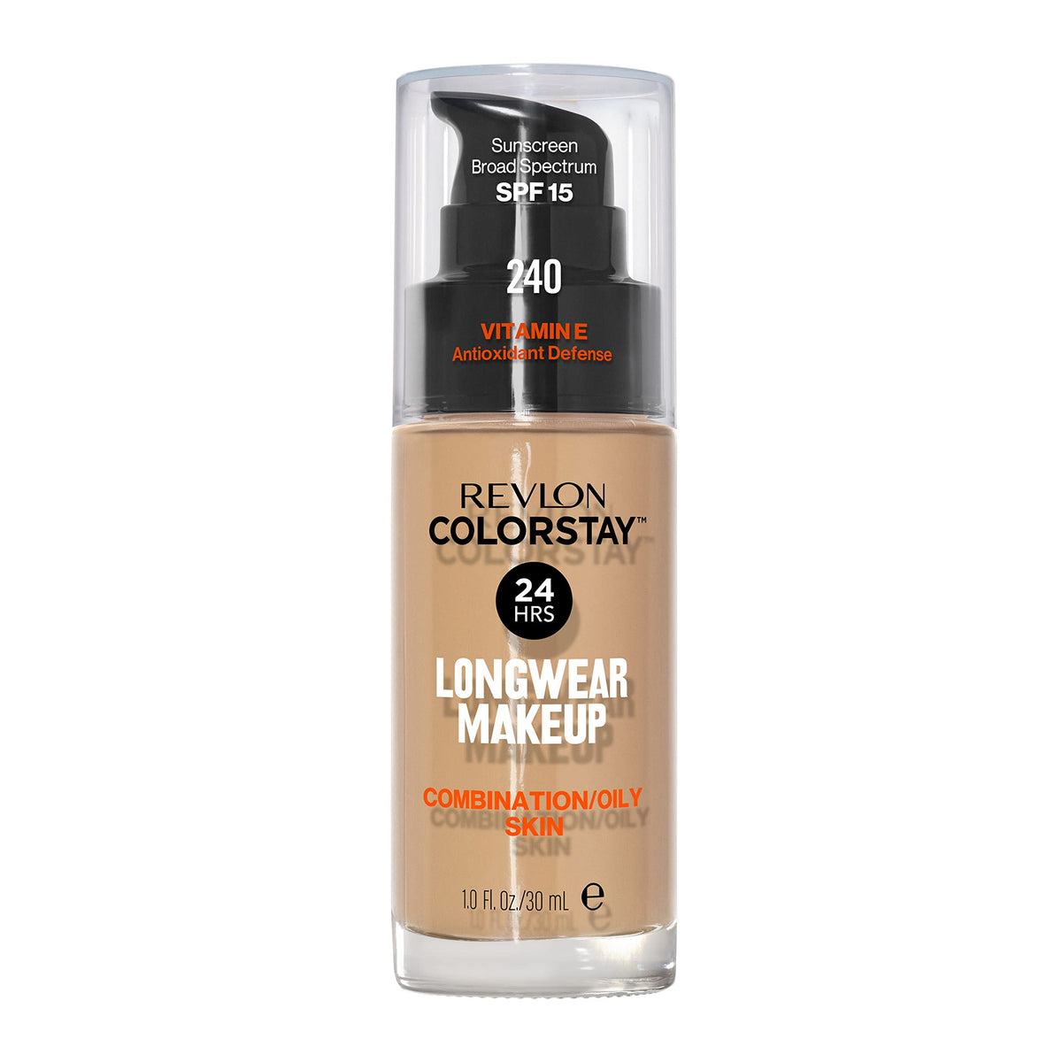 Revlon ColorStay front packaging showing shade 240 medium beige and bottle benefits