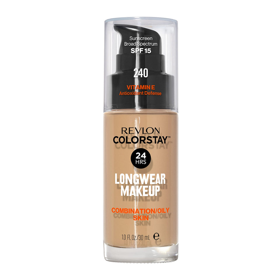 Revlon ColorStay front packaging showing shade 240 medium beige and bottle benefits