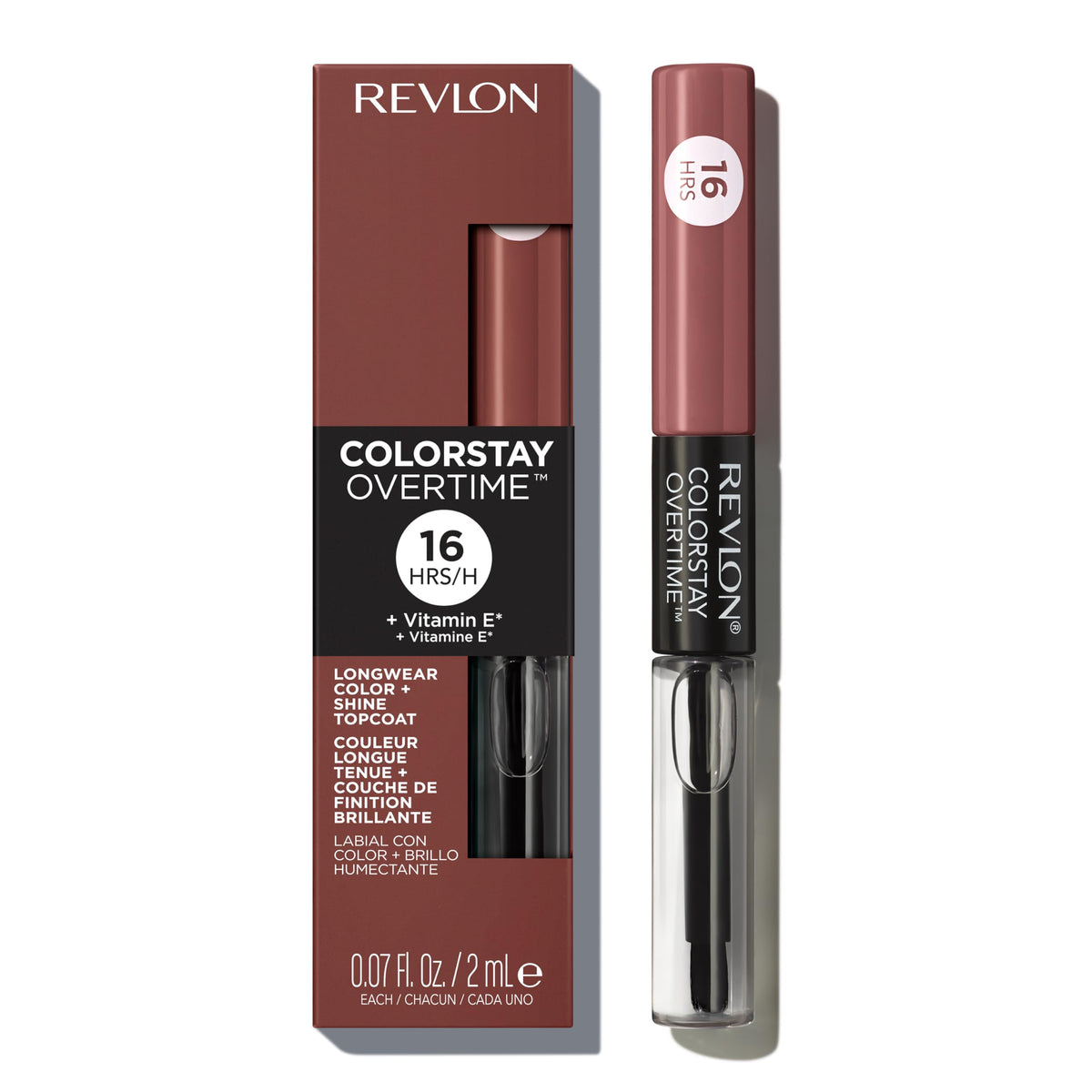 Revlon dual-ended view displaying lipstick color tube and clear gloss for convenience