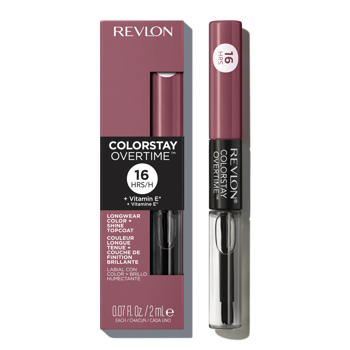 REVLON front packaging showing dual-ended lipcolor and shade Everlasting Rum benefit longwear