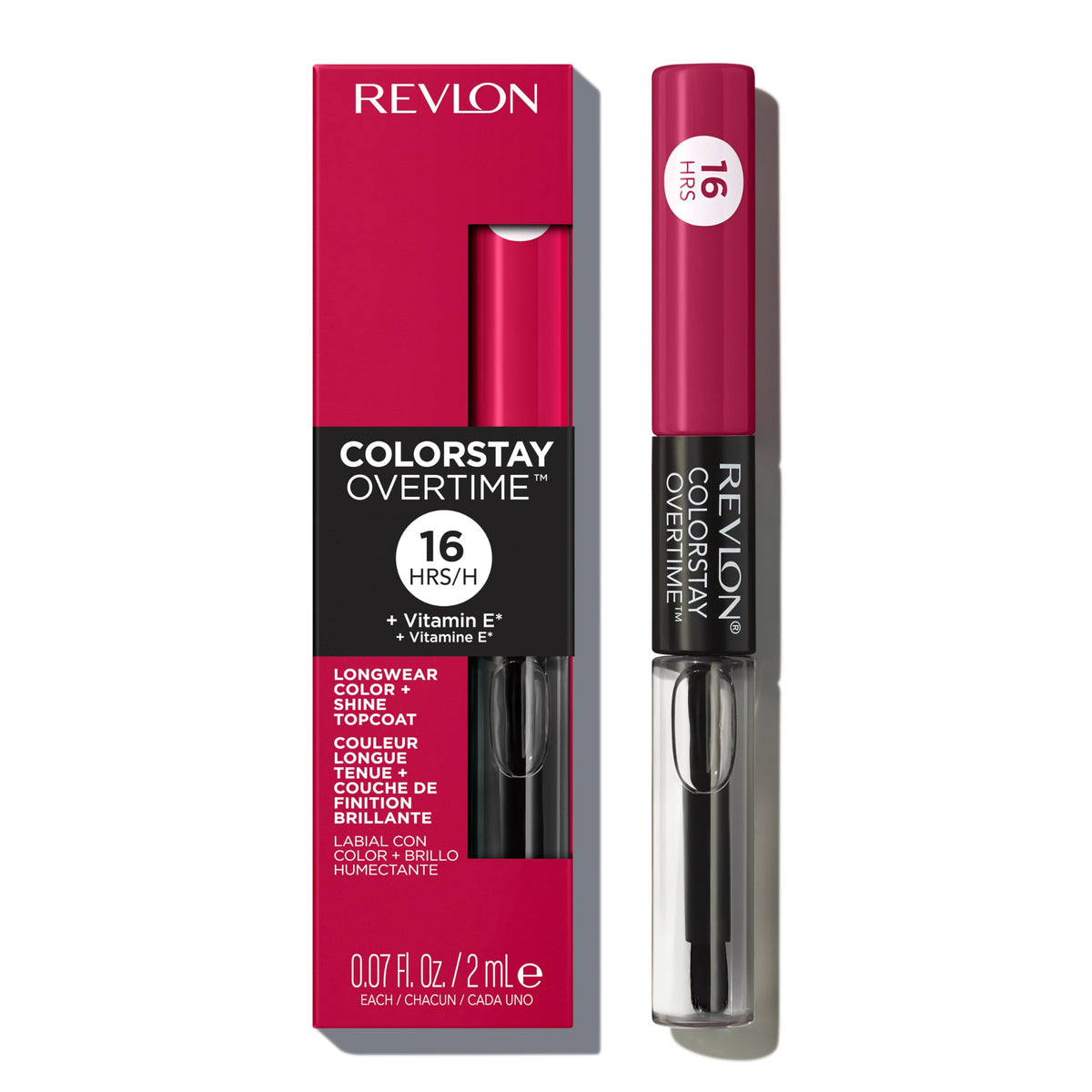 Revlon ColorStay Overtime front packaging showing dual-ended tube and shade