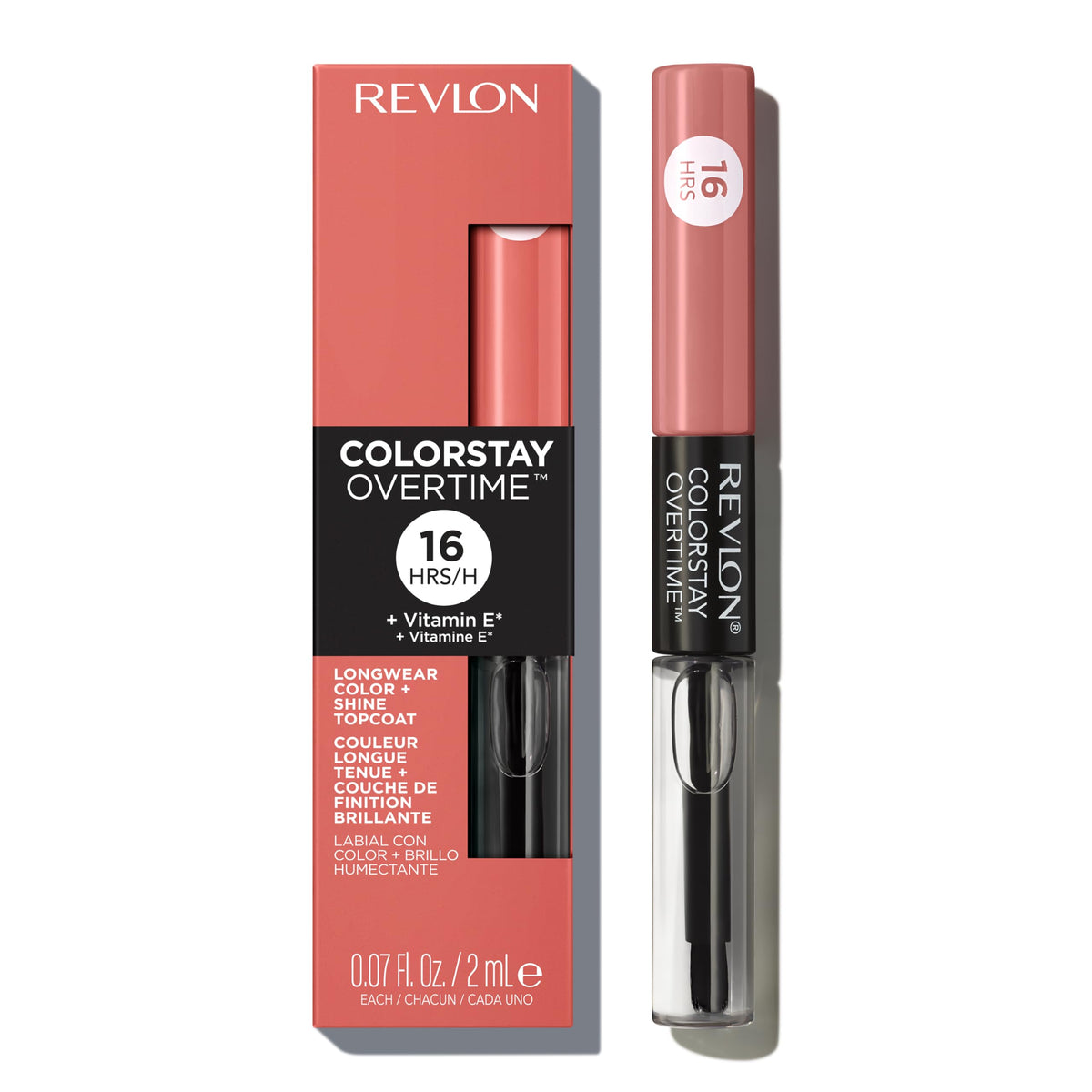 Revlon ColorStay Overtime front packaging showing dual-ended design and shade