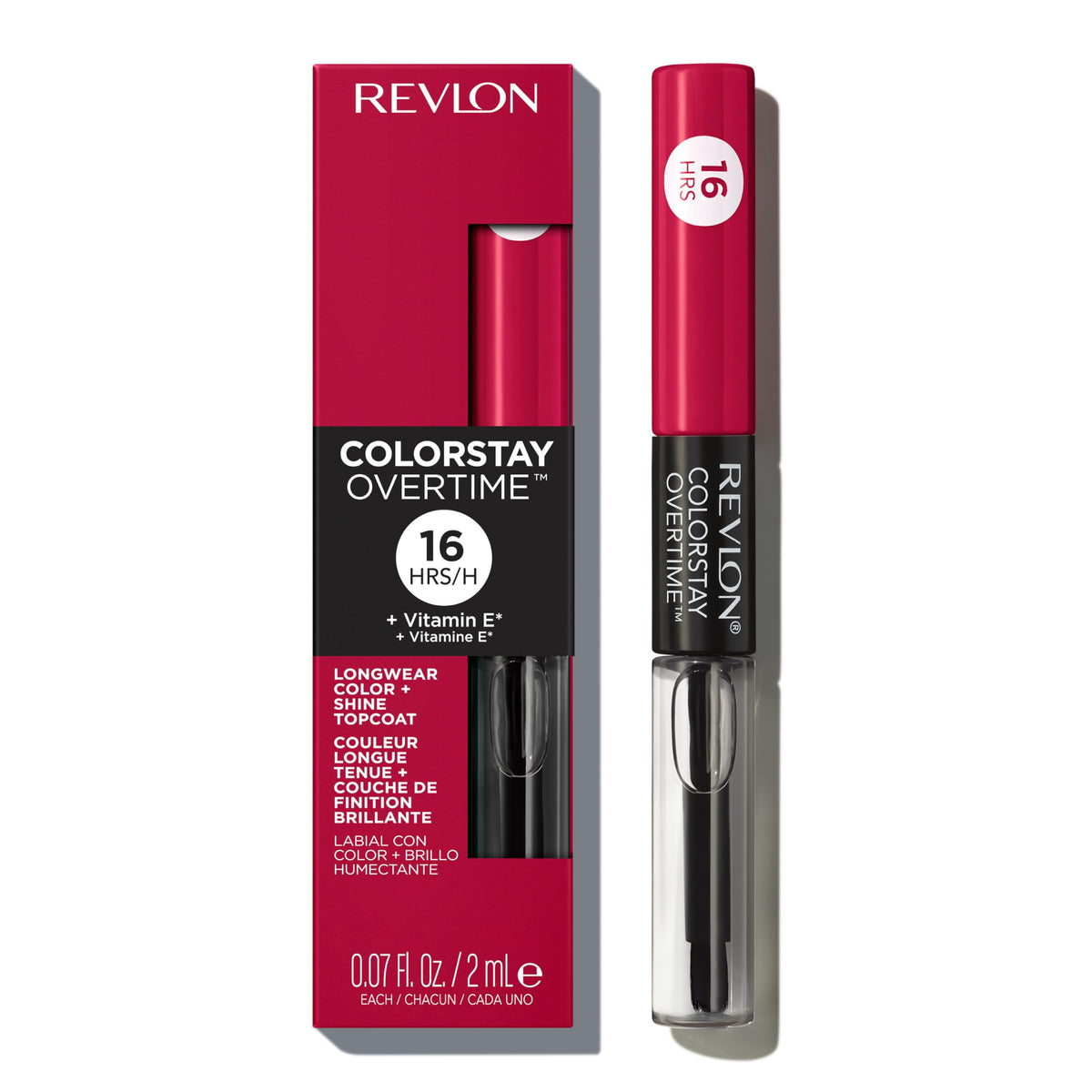 Revlon dual-ended front packaging showing color and clear gloss benefit long wear