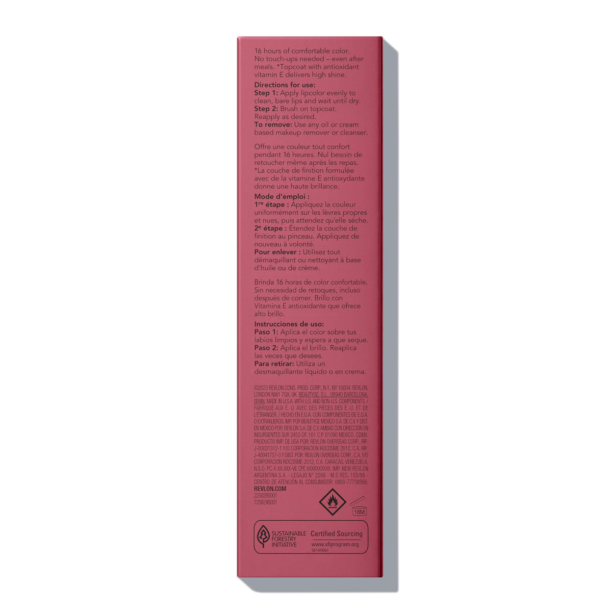 Label close-up of Revlon listing vitamin E and chamomile moisturizing ingredients