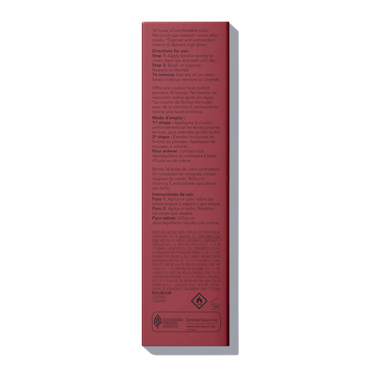 Revlon ColorStay Overtime packaging back label displaying ingredient highlights and directions