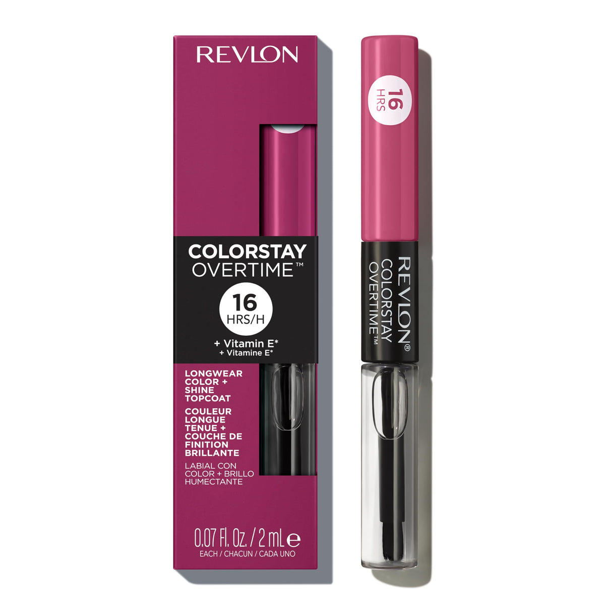 REVLON front panel of ColorStay Overtime Perennial Plum showing packaging and shade