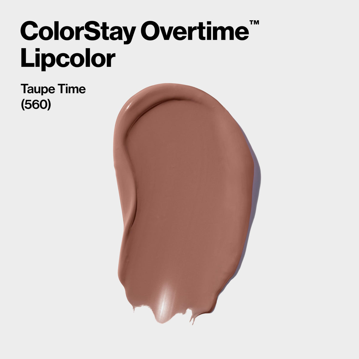 Revlon swatch of 560 Taupe Time on arm showing true neutral-brown shade