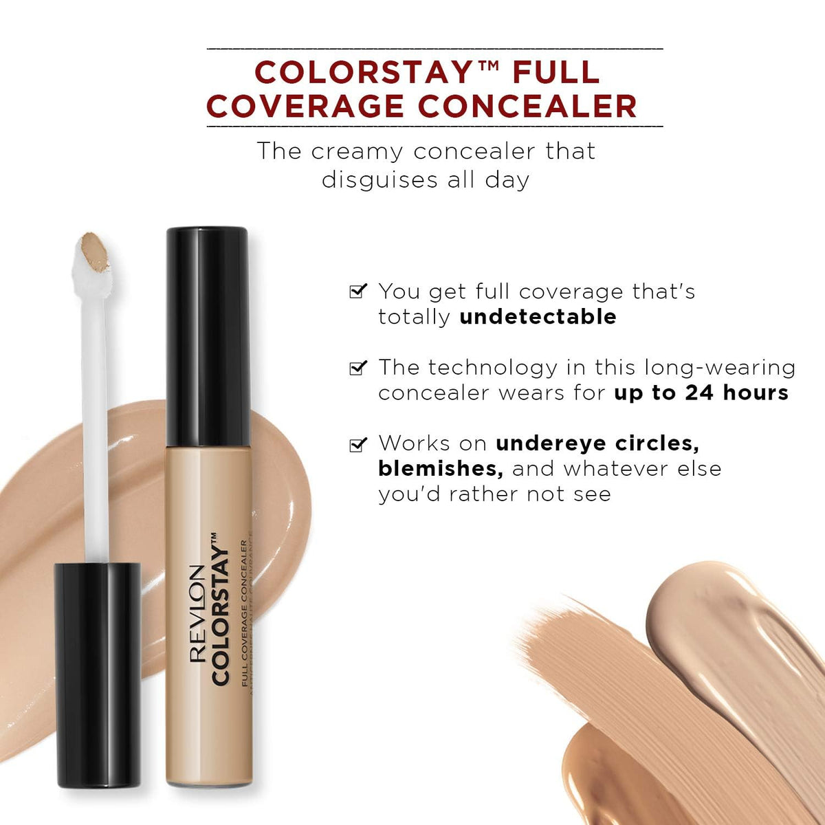 Revlon ColorStay packaging label close-up showing shade and product information benefit