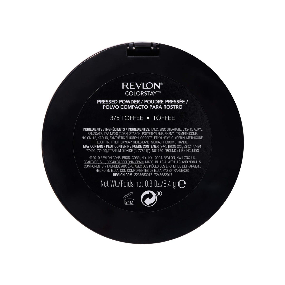 Label and ingredients on Revlon ColorStay pressed powder packaging for clarity