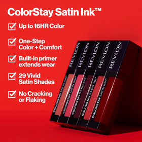 Revlon ColorStay Satin Ink swiped on lips showing Your Majesty color and smooth satin finish