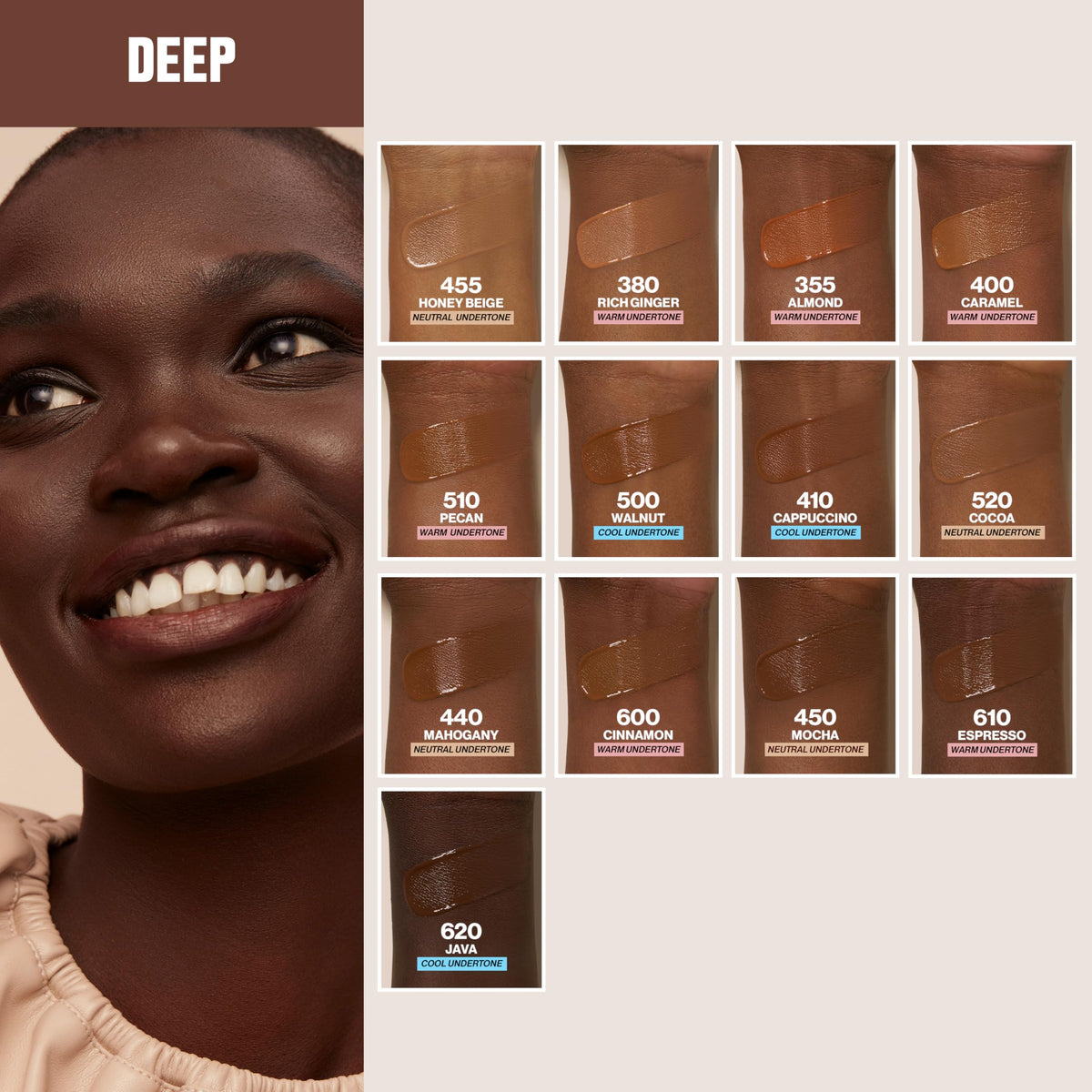 Revlon shade range display emphasizing 43 shades and inclusive color matching