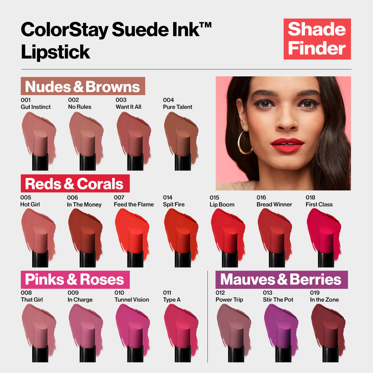 Revlon lip swatch on model showcasing true-to-shade wearable finish benefit