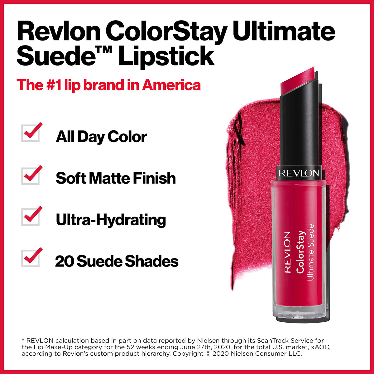 REVLON ColorStay swatch on skin showing suede texture and rich pigment payoff