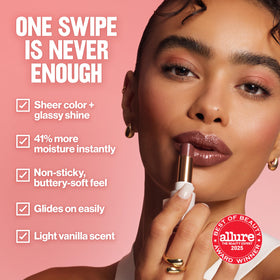REVLON swatch of 002 Pink Flip on hand showing sheer tint benefit