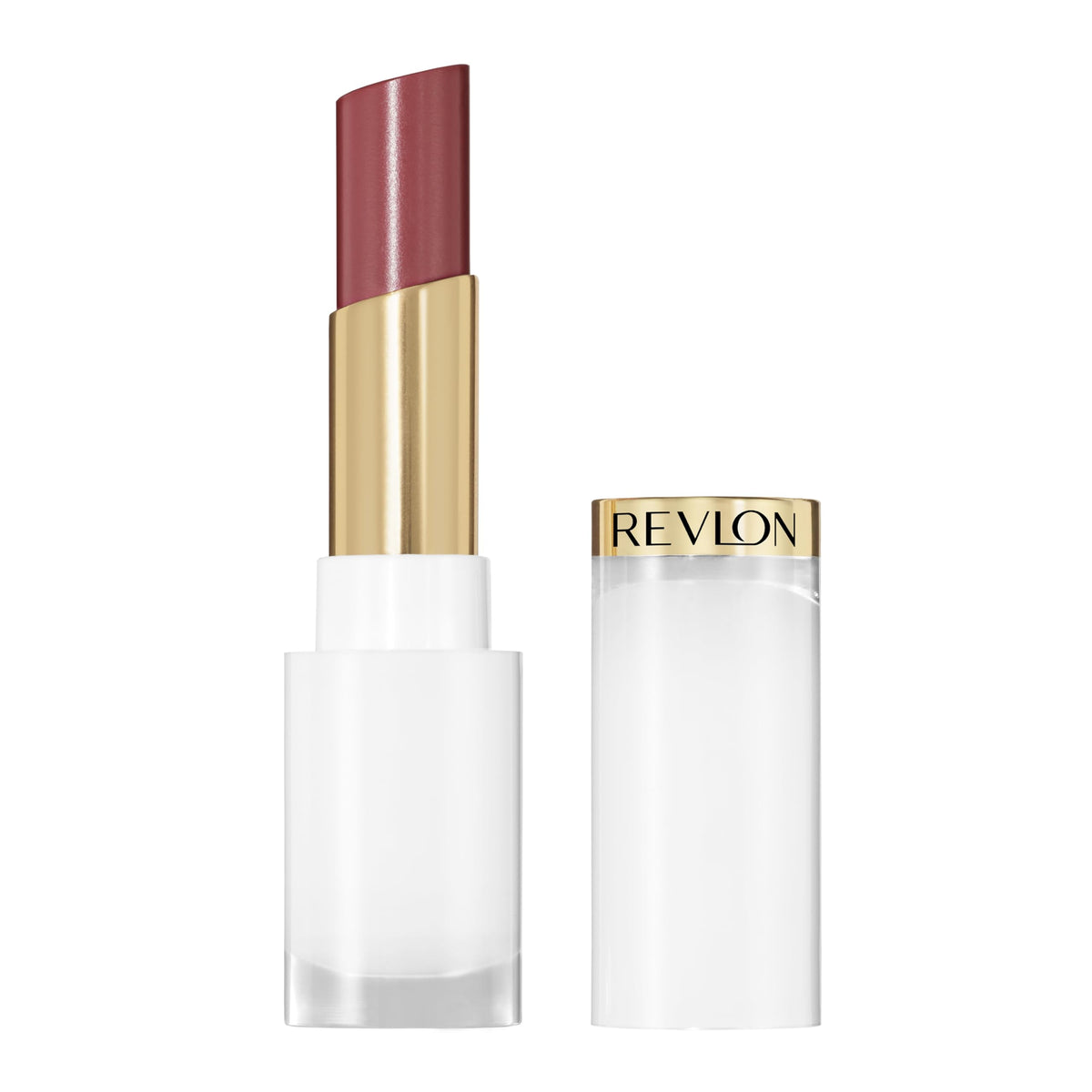 REVLON front view of 008 Rum Raisin balm shows glossy tinted finish and compact size