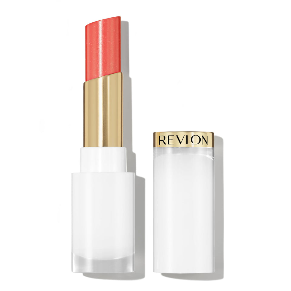 REVLON front packaging showing shade Dewy Peach and glossy finish benefit
