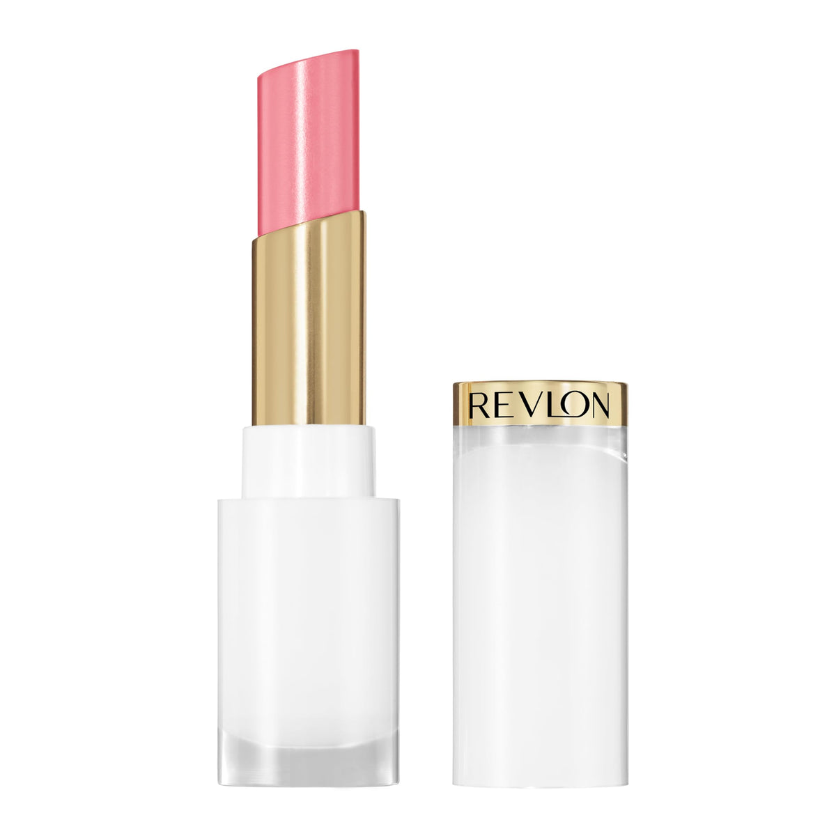 REVLON front view of tube showing shade and glossy finish benefit