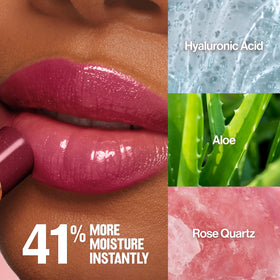 REVLON close-up of balm on lips showing plumping glossy effect