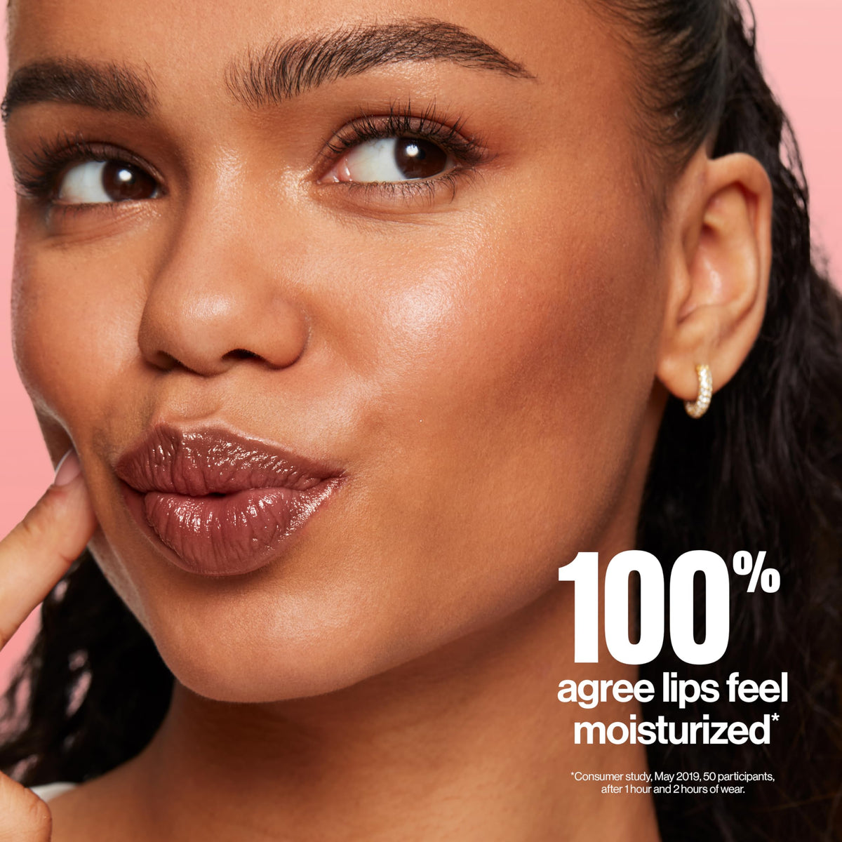 REVLON lifestyle image model smiling wearing sheer glossy Beaming Strawberry