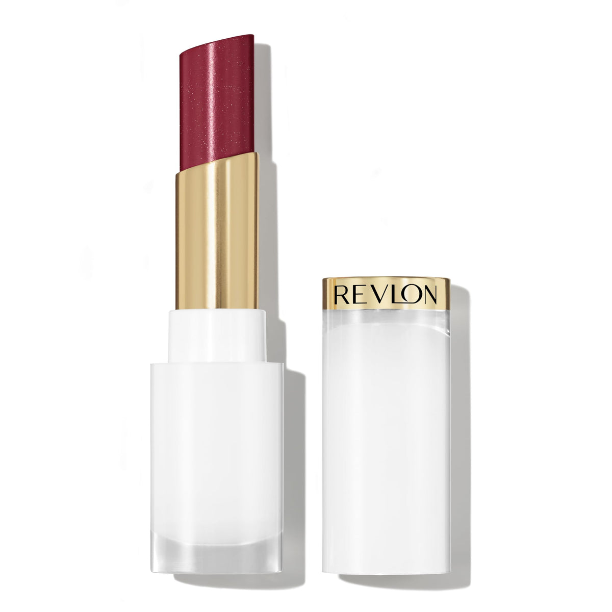 REVLON front view of Glassy Ruby balm showing tube and cap with glossy finish benefit