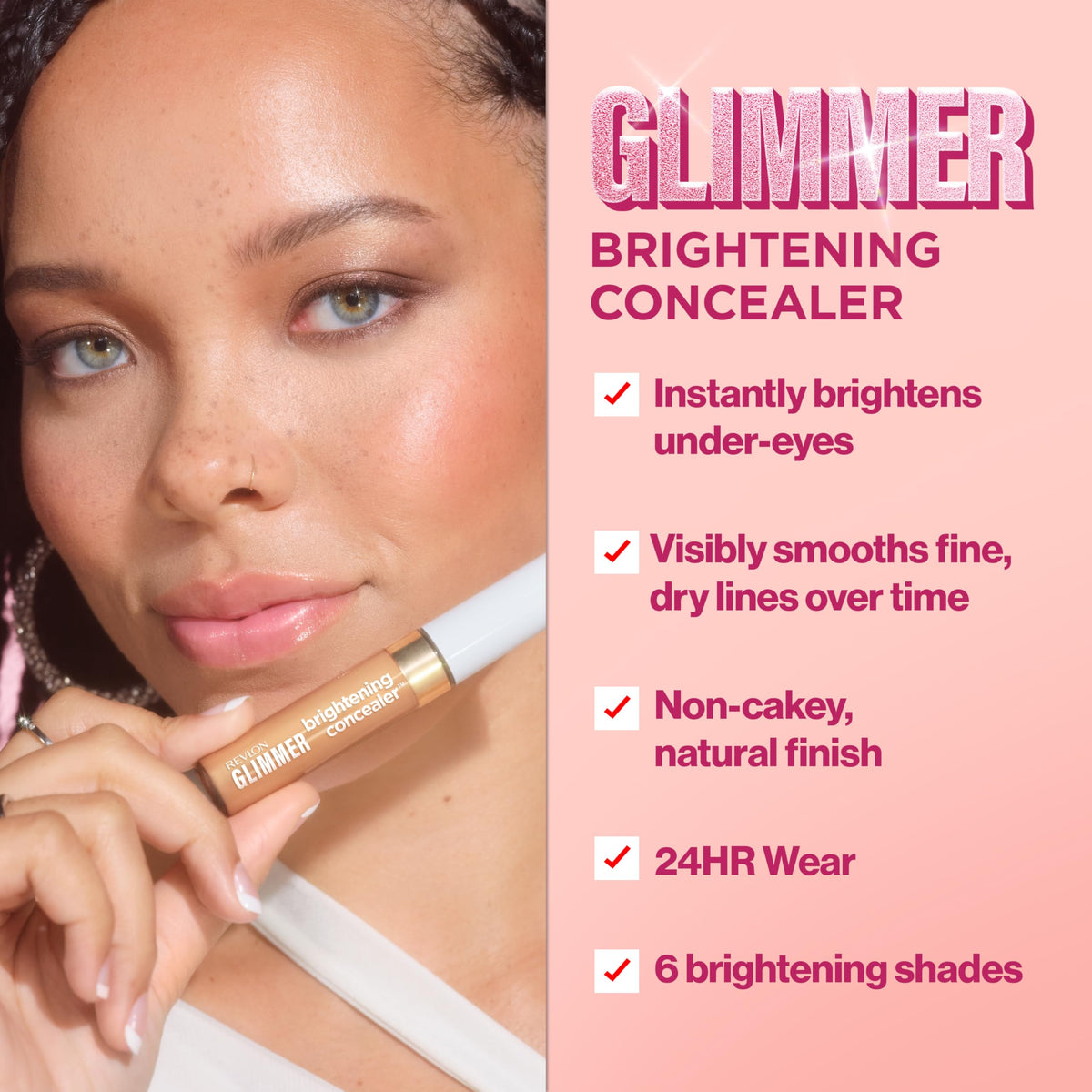 Revlon Glimmer 135 before and after under-eye demonstrating instant brightening effect