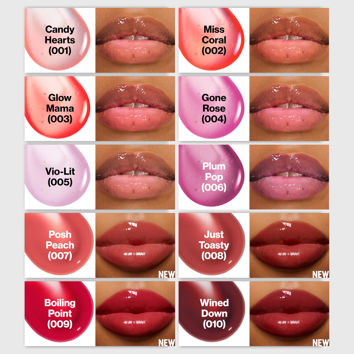 REVLON shade swatches card showing Gone Rose color payoff and versatile use