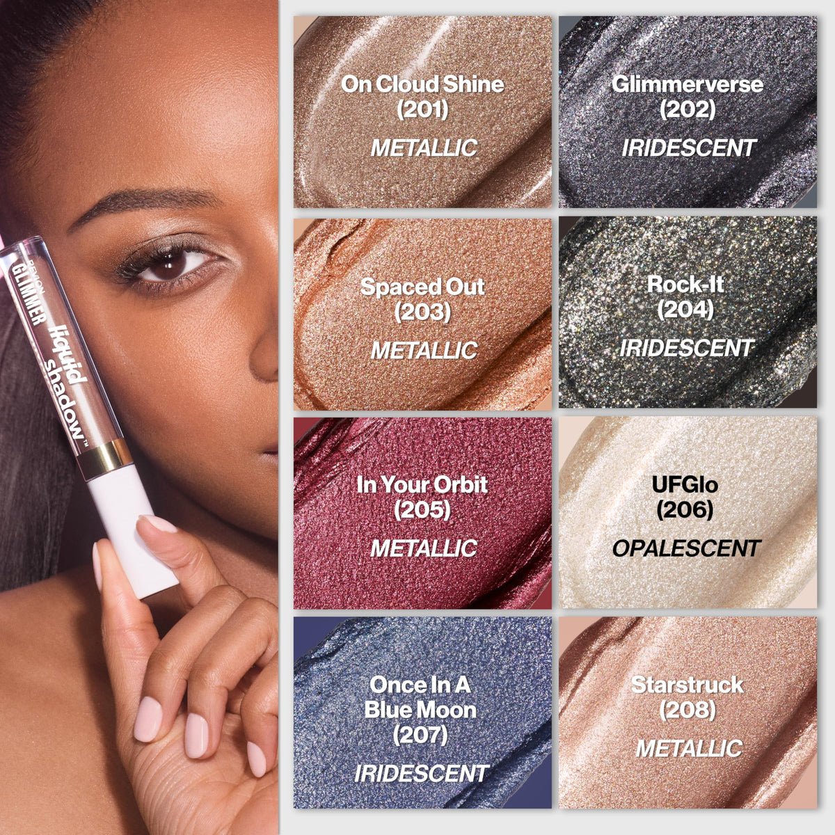 REVLON Glimmer Liquid Shadow styled in evening look adding radiant highlight to eyes