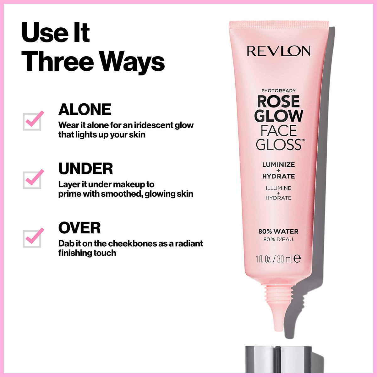 Revlon swatched on hand to show sheerness and pearlescent rosy glow benefit