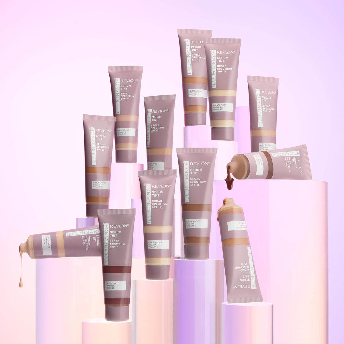 Revlon Illuminance bottle beside skincare products showing routine compatibility
