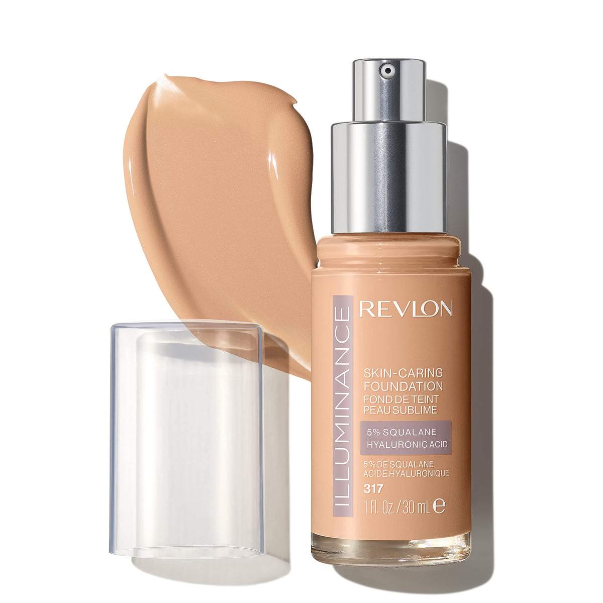 Revlon bottle front view showing Illuminance foundation and natural finish benefit