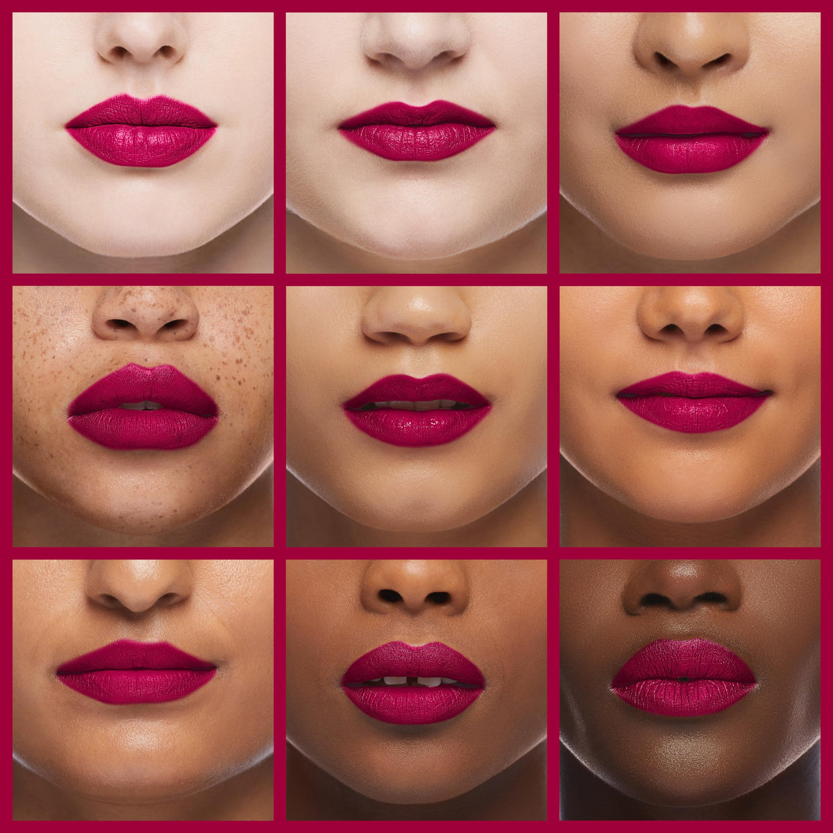 Revlon lipstick applied on model lips demonstrating vivid Cherries in the Snow shade