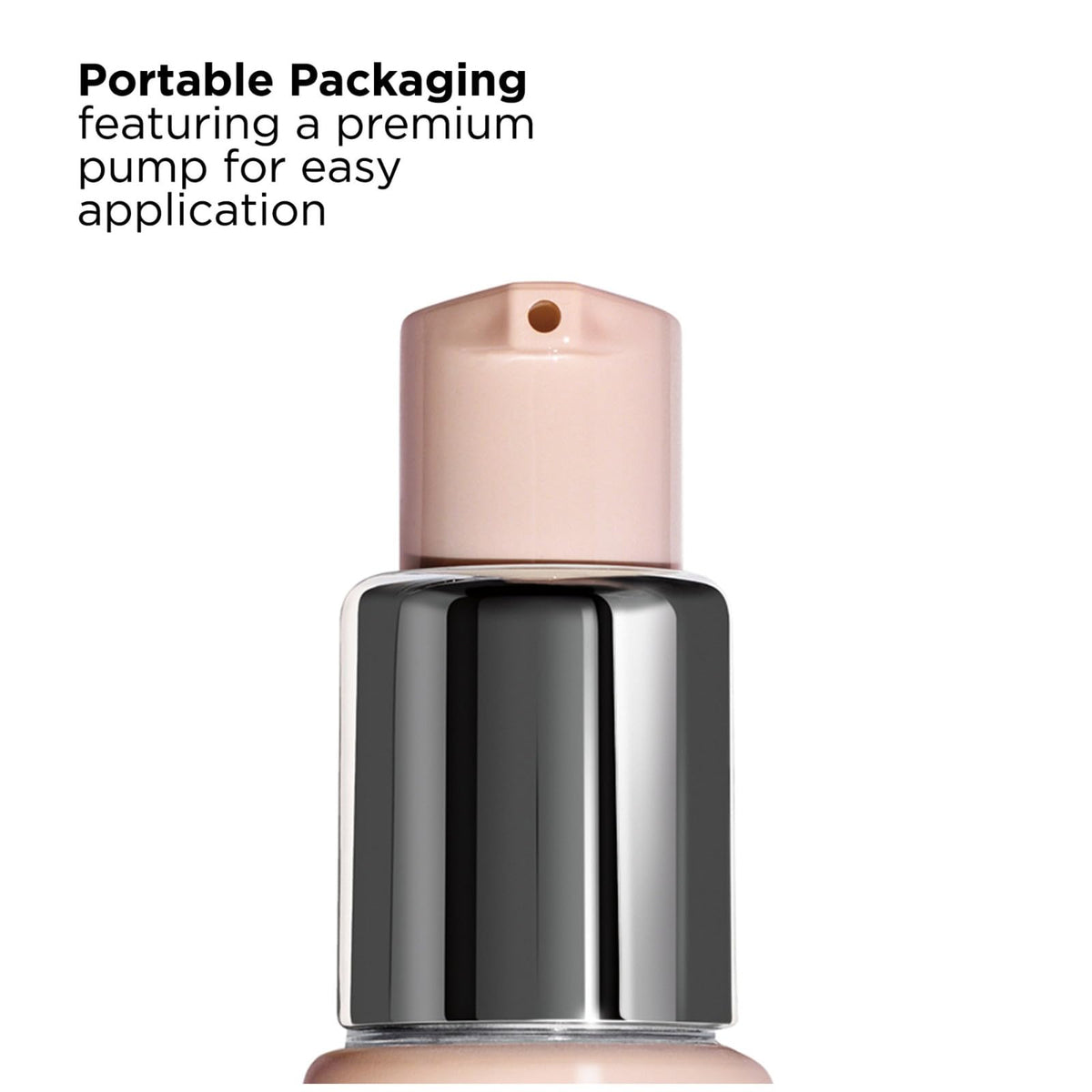 Revlon bottle beside hand applying foundation to show size and coverage benefit