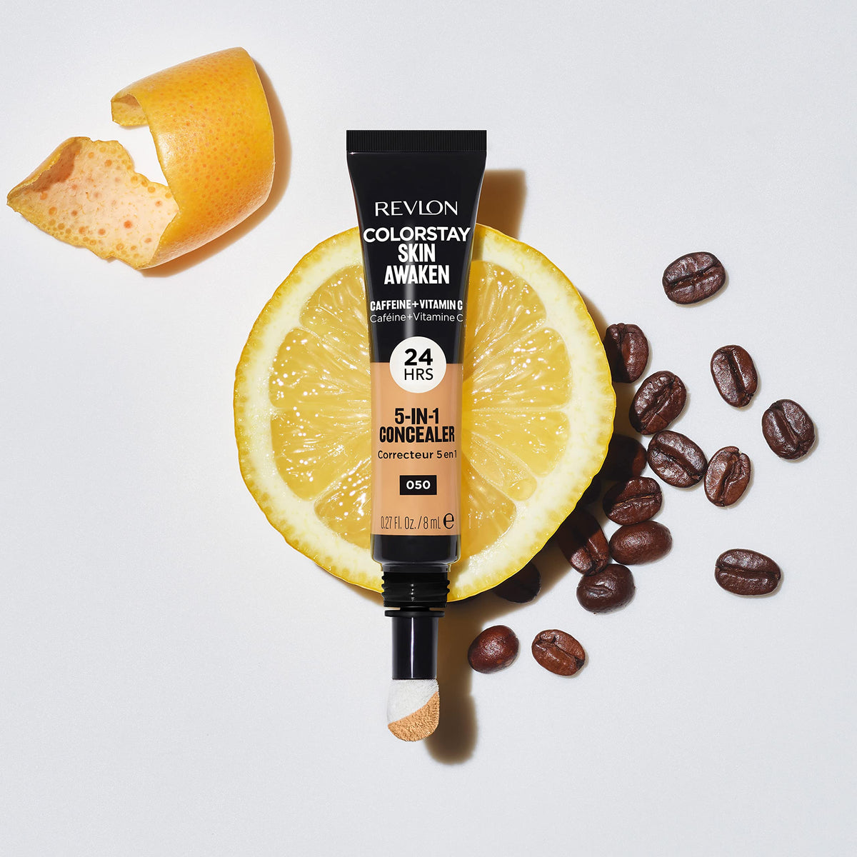 Revlon ColorStay Skin Awaken label close-up highlighting caffeine and vitamin C