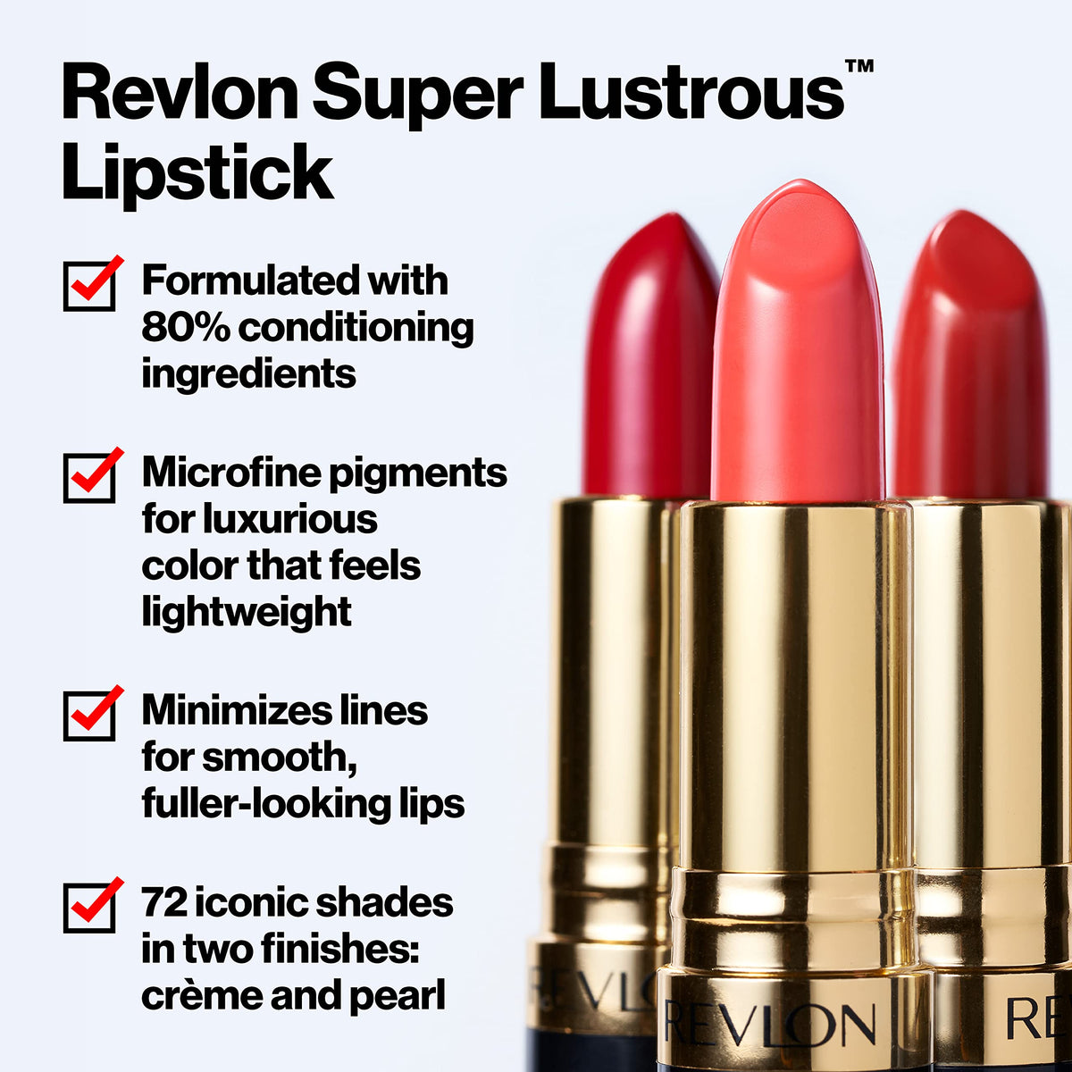 Revlon lipstick bullet at an angle highlighting creamy tip and precise application