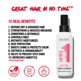 Revlon Professional UniqOne mist on hair texture demonstrating smooth, lightweight finish